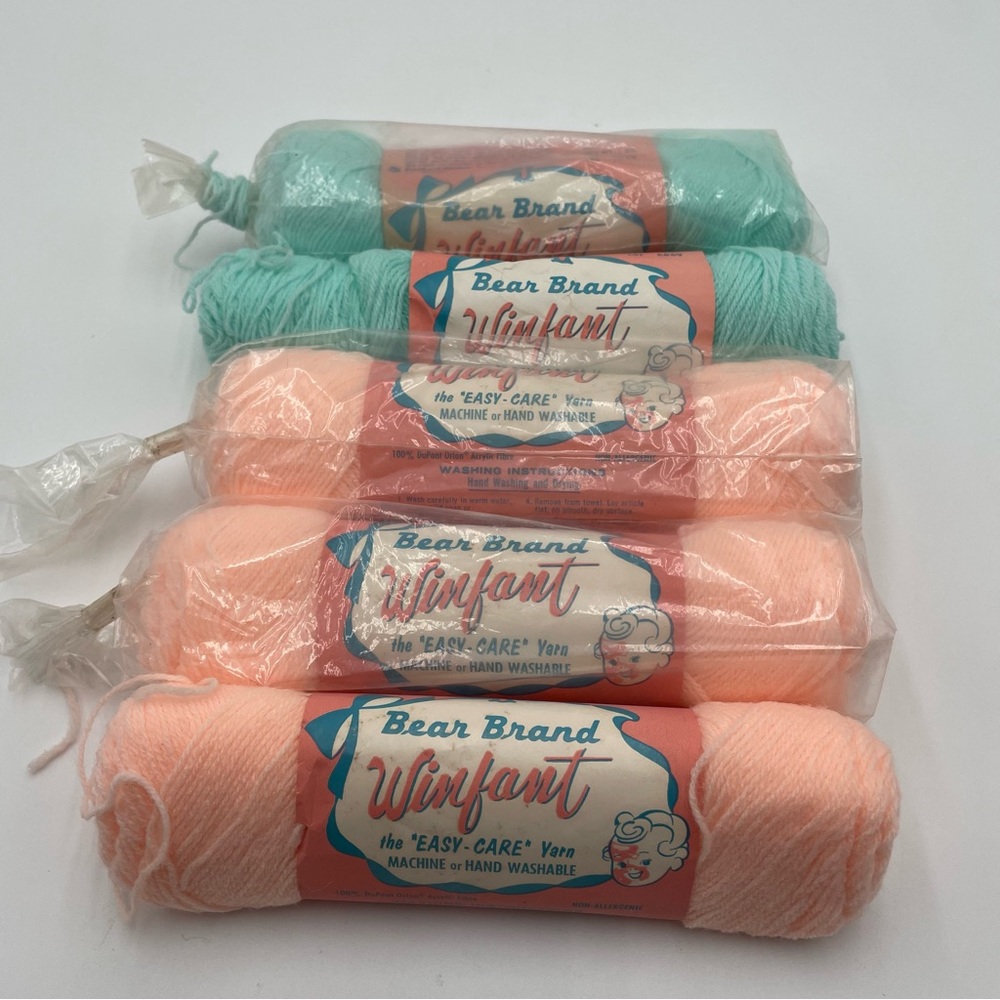 Vintage Yarn Lot Bear Brand Winfant Baby Peach Pink Mint Green 5 Skeins